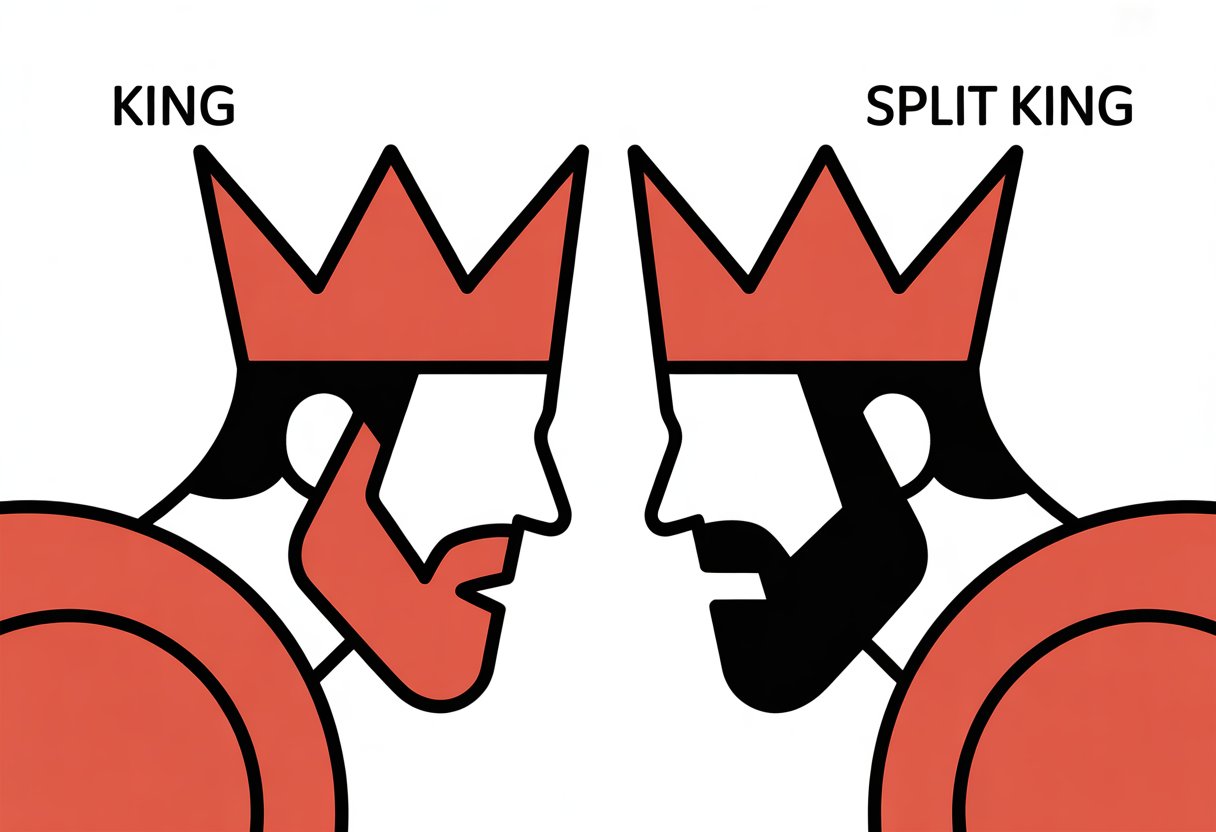 Two stylized crowns facing each other on opposite sides of a panel, representing a comparison between two types of kings.