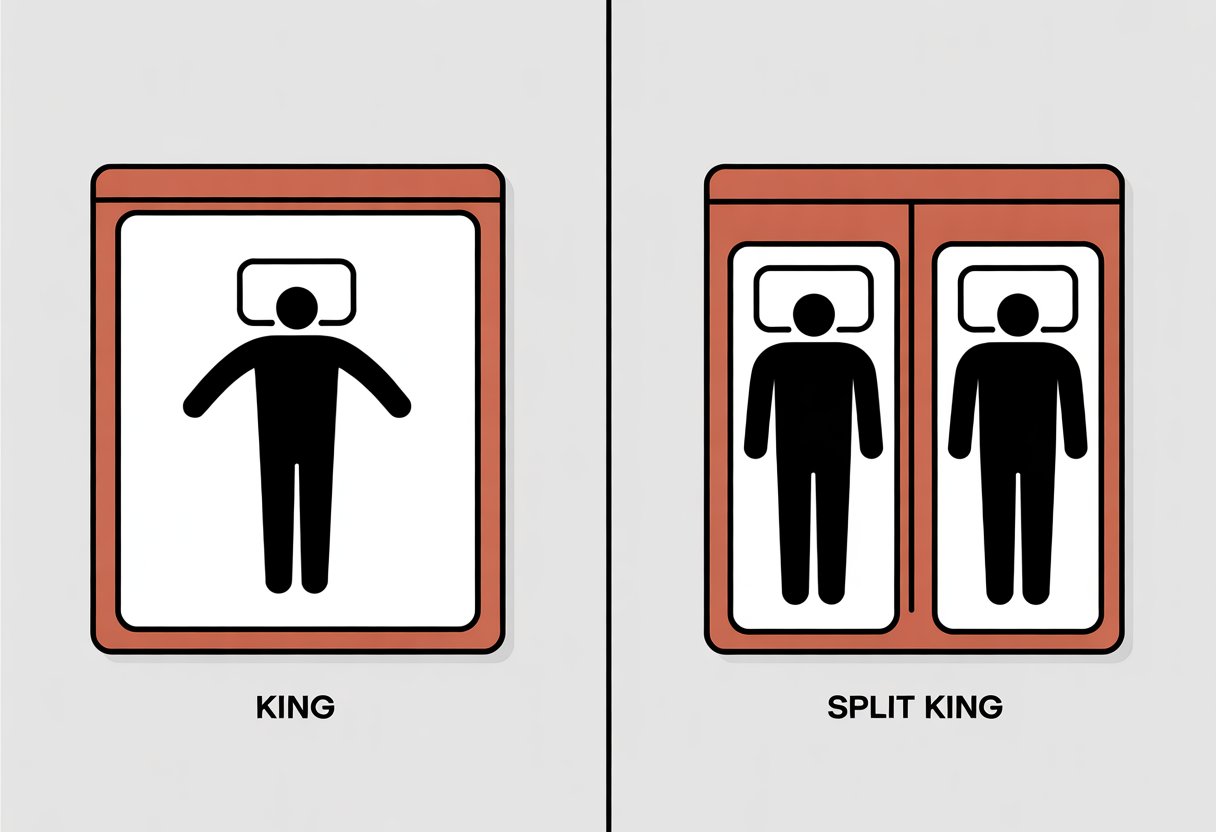A split comic panel showing a single large mattress with one person lying on it on the left, and two narrower mattresses side-by-side with two people lying separately on the right.