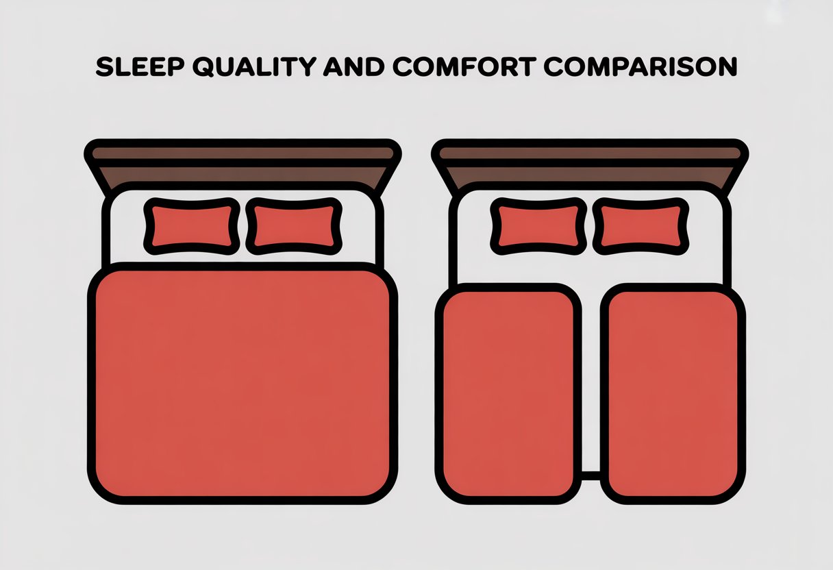 A side-by-side top-down view of two beds: one large single bed and one bed split into two sections with a gap between them.