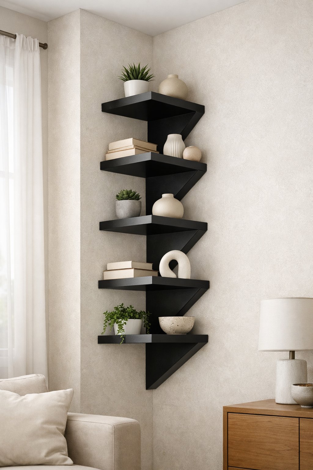 90-Degree Corner Shelf Ideas: 7 Smart Designs for Any Room 2 A zigzag tiered corner shelf mounted in a room corner holding plants, books, and decorative items.
