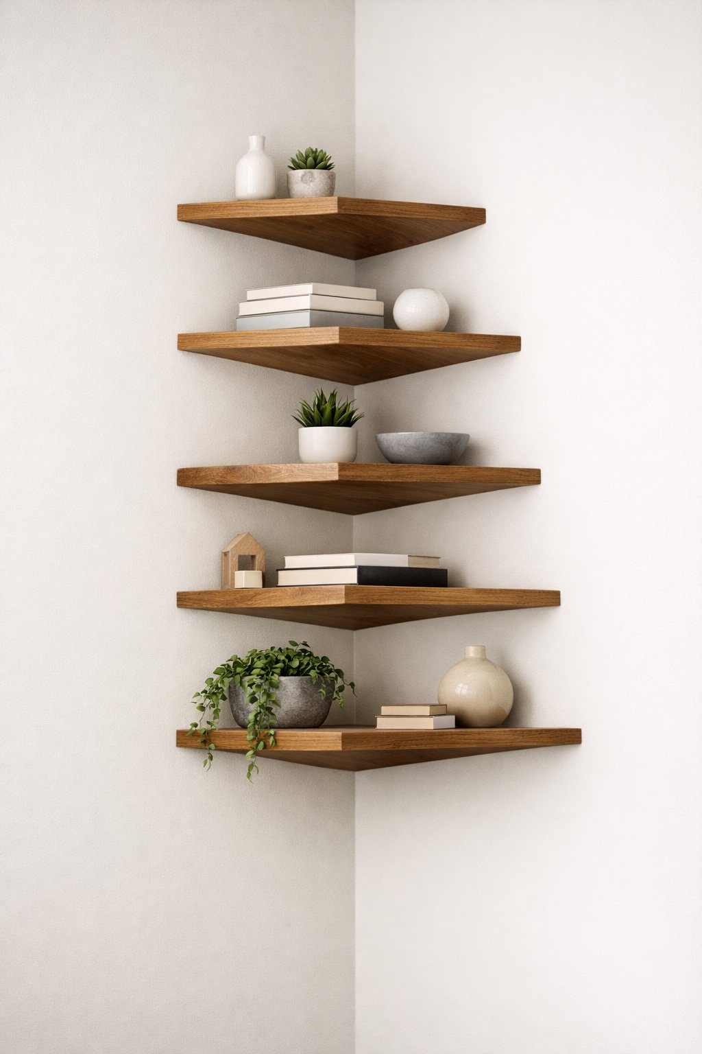 90-Degree Corner Shelf Ideas: 7 Smart Designs for Any Room 3 A corner wall with floating triangular wooden shelves arranged in alternating directions, displaying small plants and decorative items.