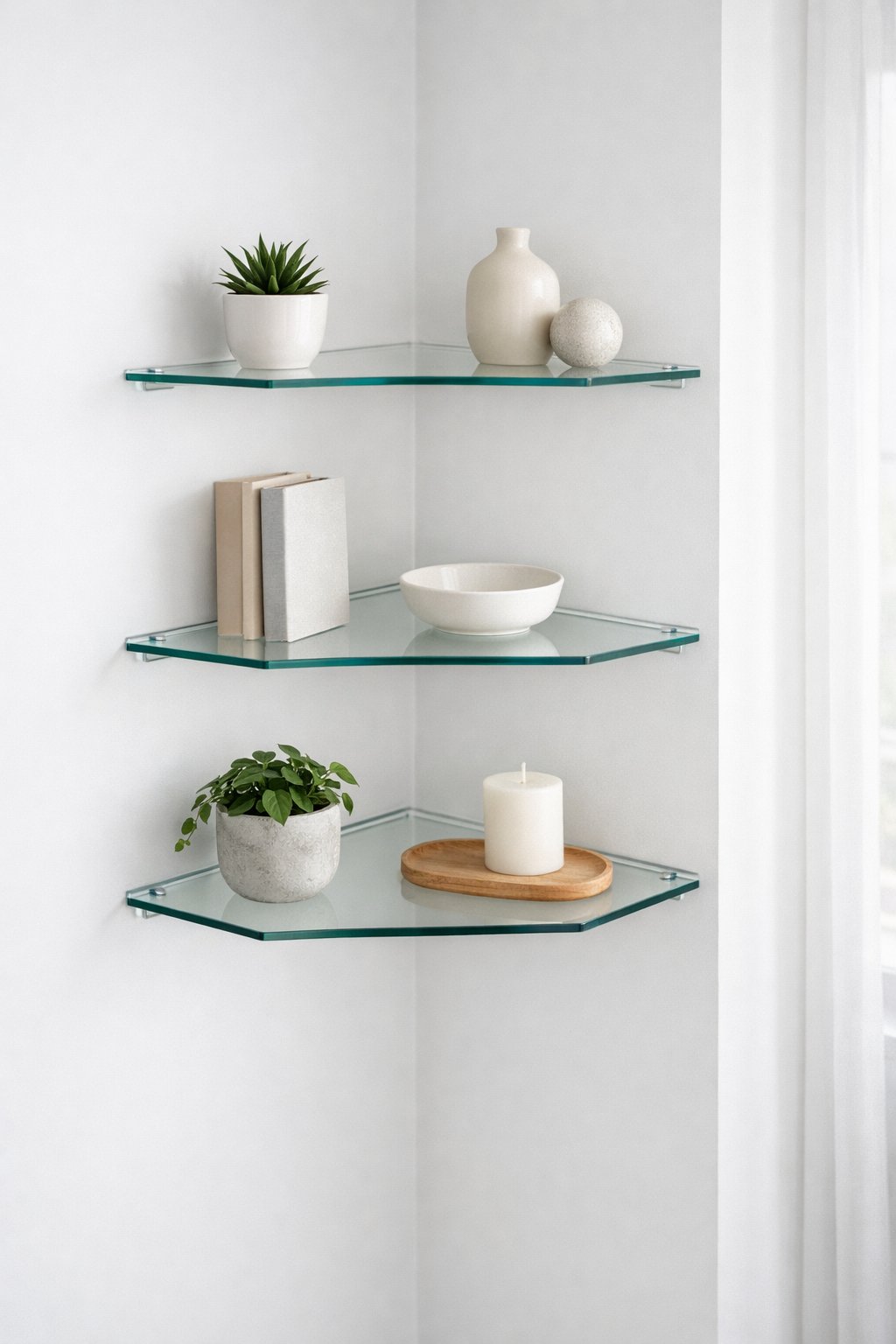 90-Degree Corner Shelf Ideas: 7 Smart Designs for Any Room 4 A bright room corner with transparent glass corner shelves holding small plants, ceramics, and books.