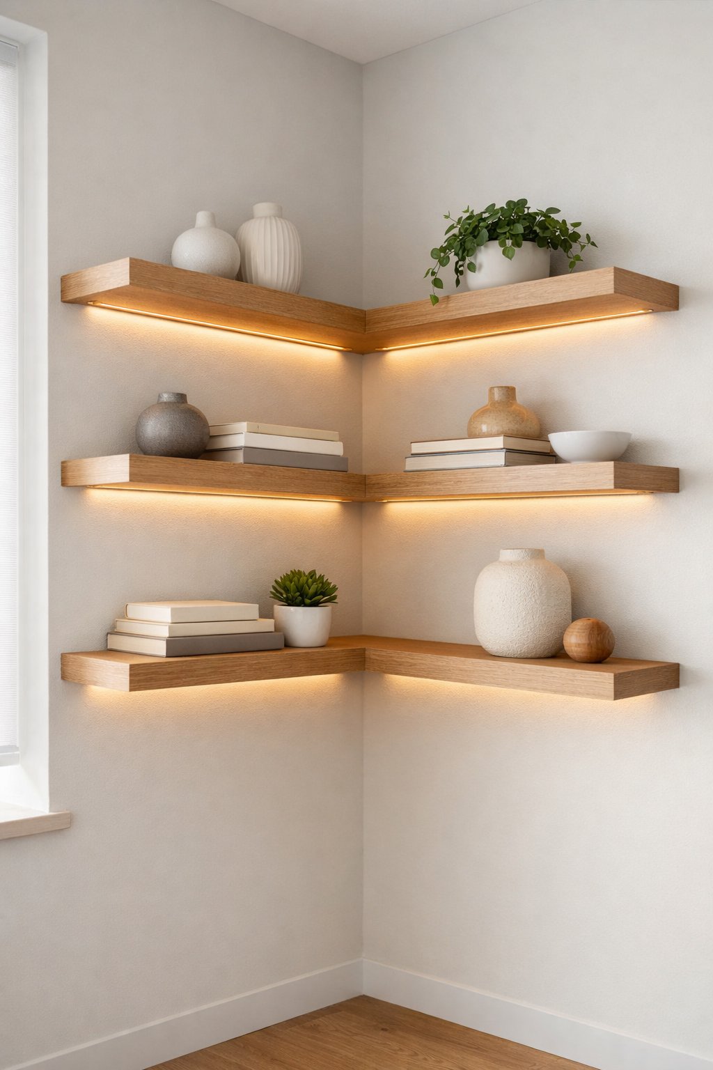 90-Degree Corner Shelf Ideas: 7 Smart Designs for Any Room 5 A corner of a room with wooden ledge shelves that have built-in lighting, displaying plants, books, and decorative items.