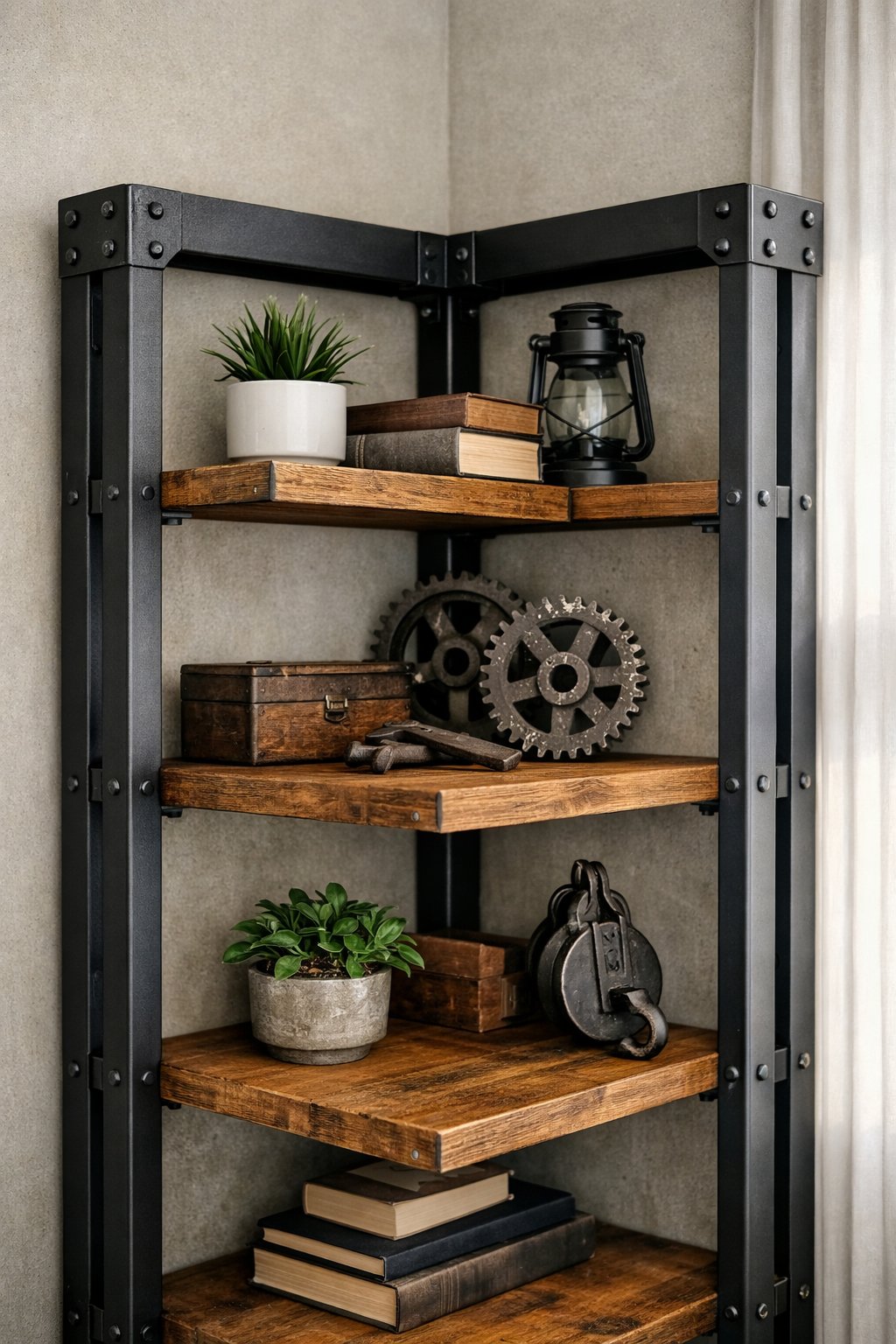 90-Degree Corner Shelf Ideas: 7 Smart Designs for Any Room 6 A metal and wood corner shelf unit installed in a room, holding plants and decorative items.
