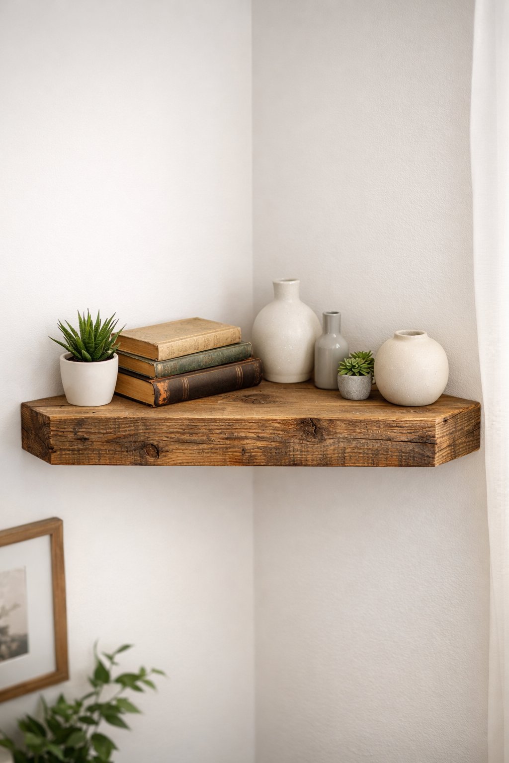 90-Degree Corner Shelf Ideas: 7 Smart Designs for Any Room 7 A corner shelf made of reclaimed wood holding small plants, books, and vases in a bright room.