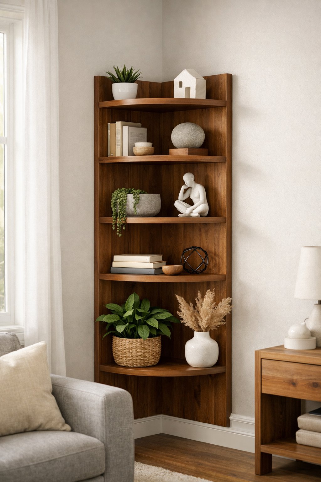 90-Degree Corner Shelf Ideas: 7 Smart Designs for Any Room 9 A 90-degree corner shelf with wooden shelves holding plants, books, and decorative items in a bright living room corner.