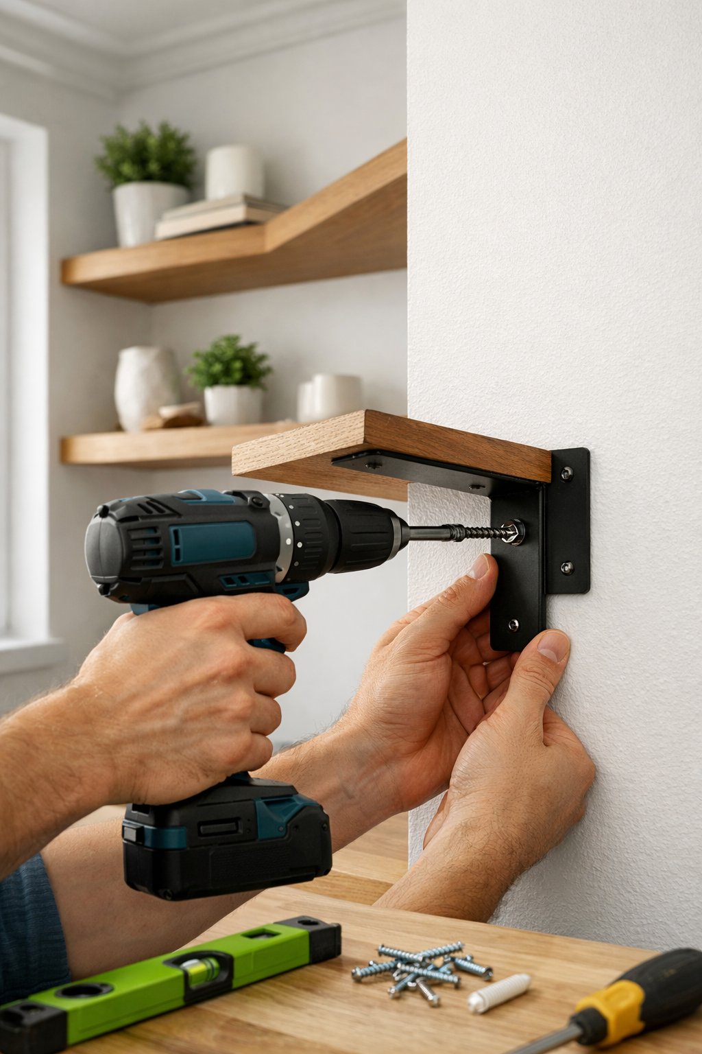 90-Degree Corner Shelf Ideas: 7 Smart Designs for Any Room 10 Hands installing a wooden corner shelf with a drill in a bright room with shelves and decorative items.