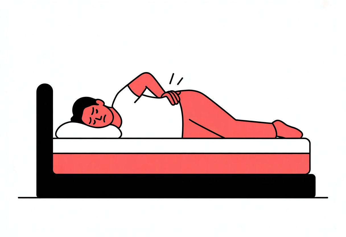 A person lying on a mattress, holding their lower back with a pained expression.