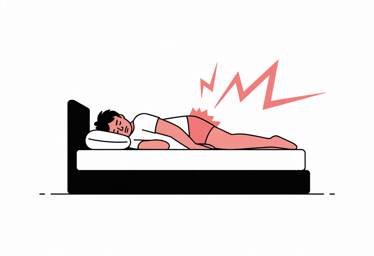 A person lying on a mattress with a red symbol near their lower back indicating discomfort.