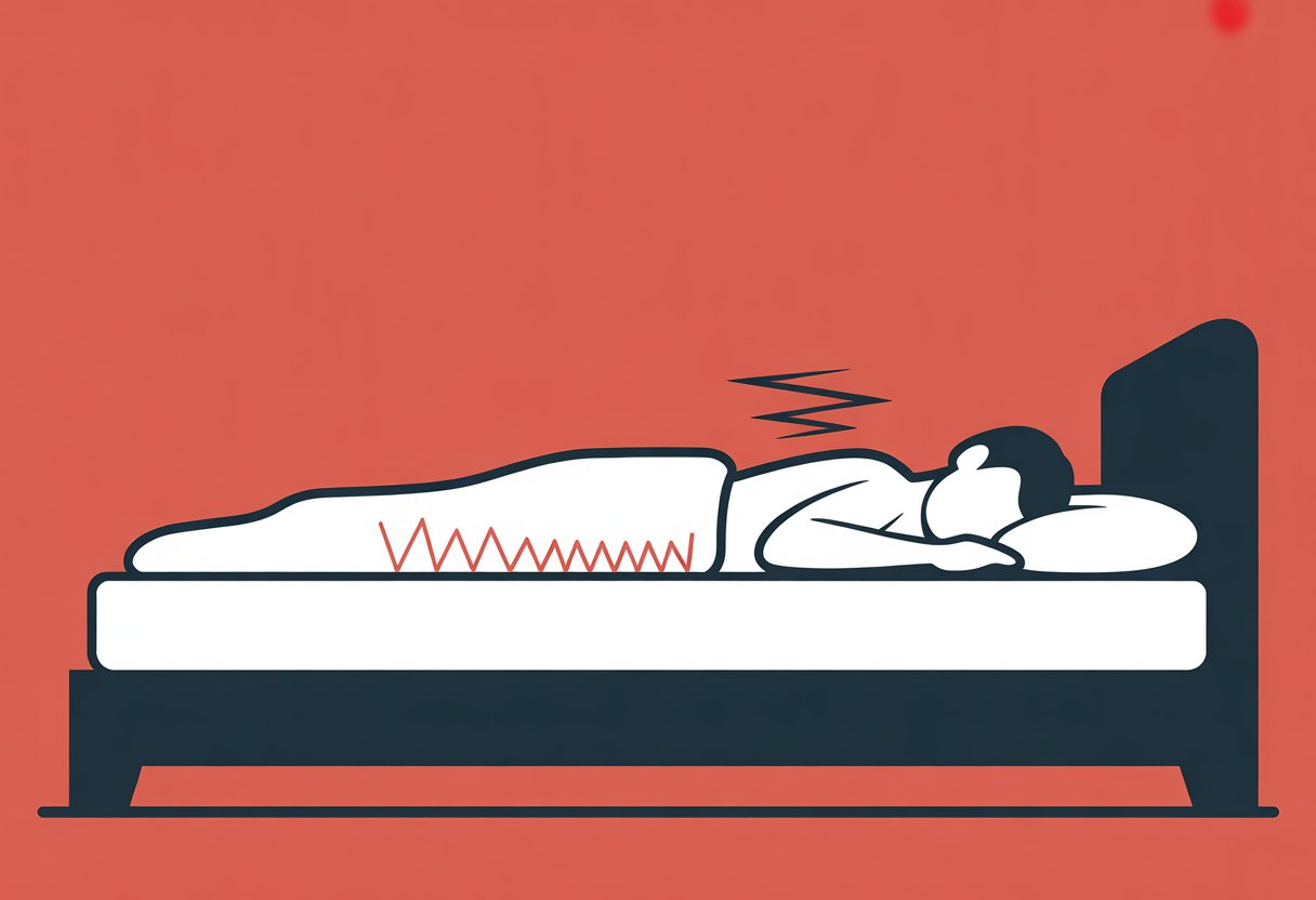 A person lying on a mattress with a red line on their back indicating pain and red marks on the mattress showing pressure points.