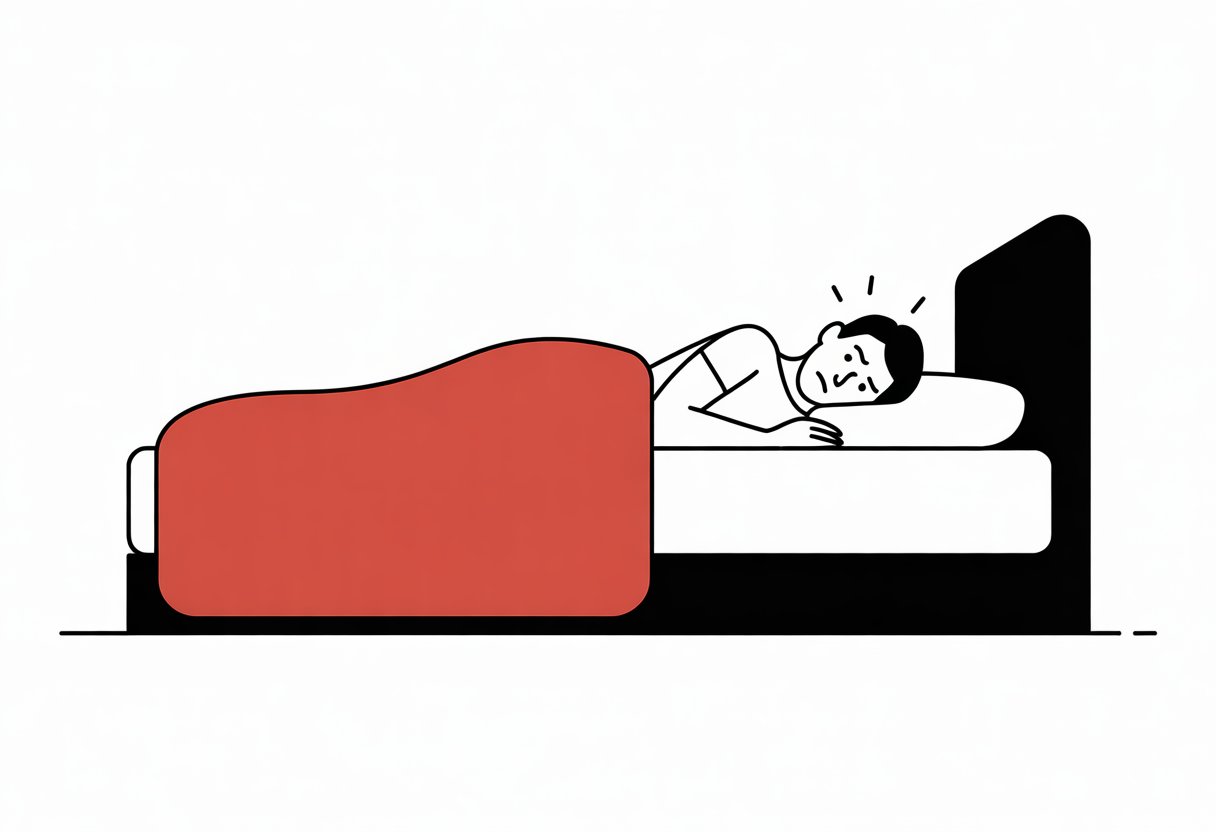 A person lying on a mattress divided into firm and soft halves, showing discomfort on the soft side.