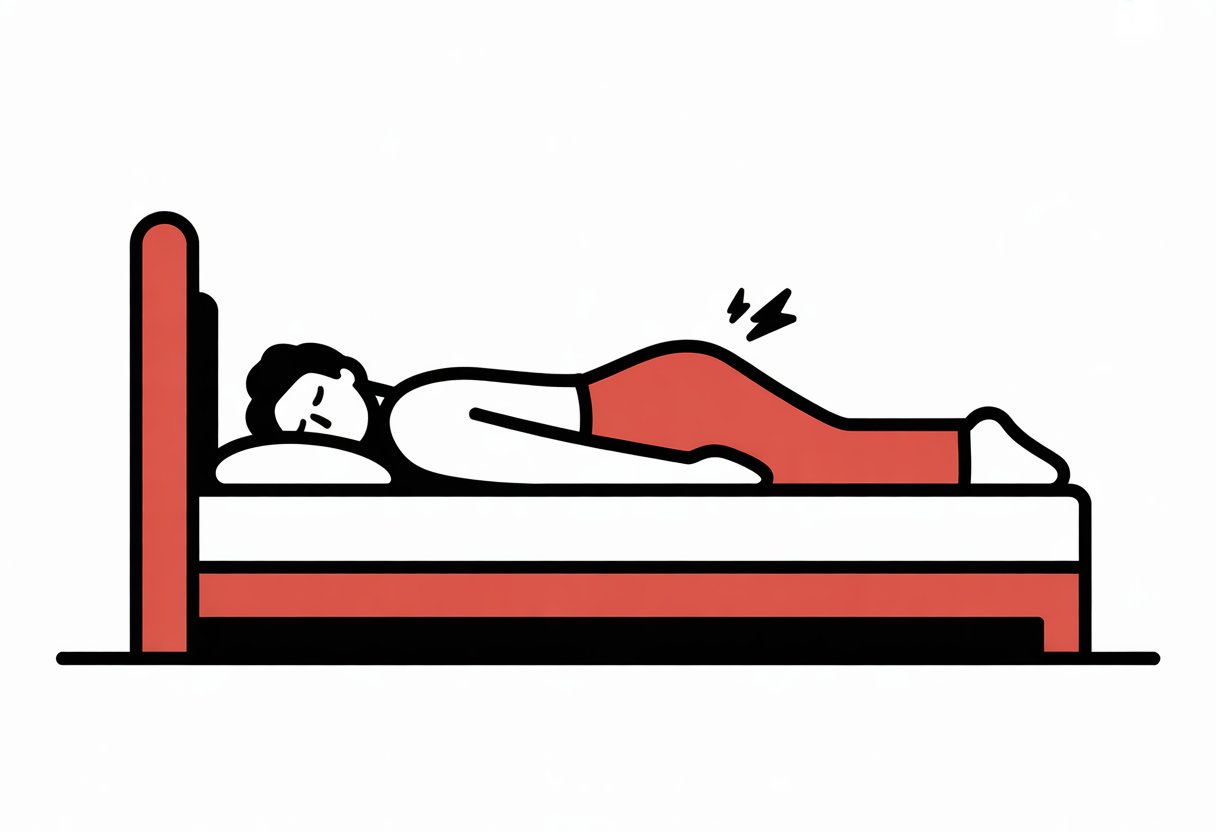 A person lying on a mattress with a red highlight on their back indicating discomfort.