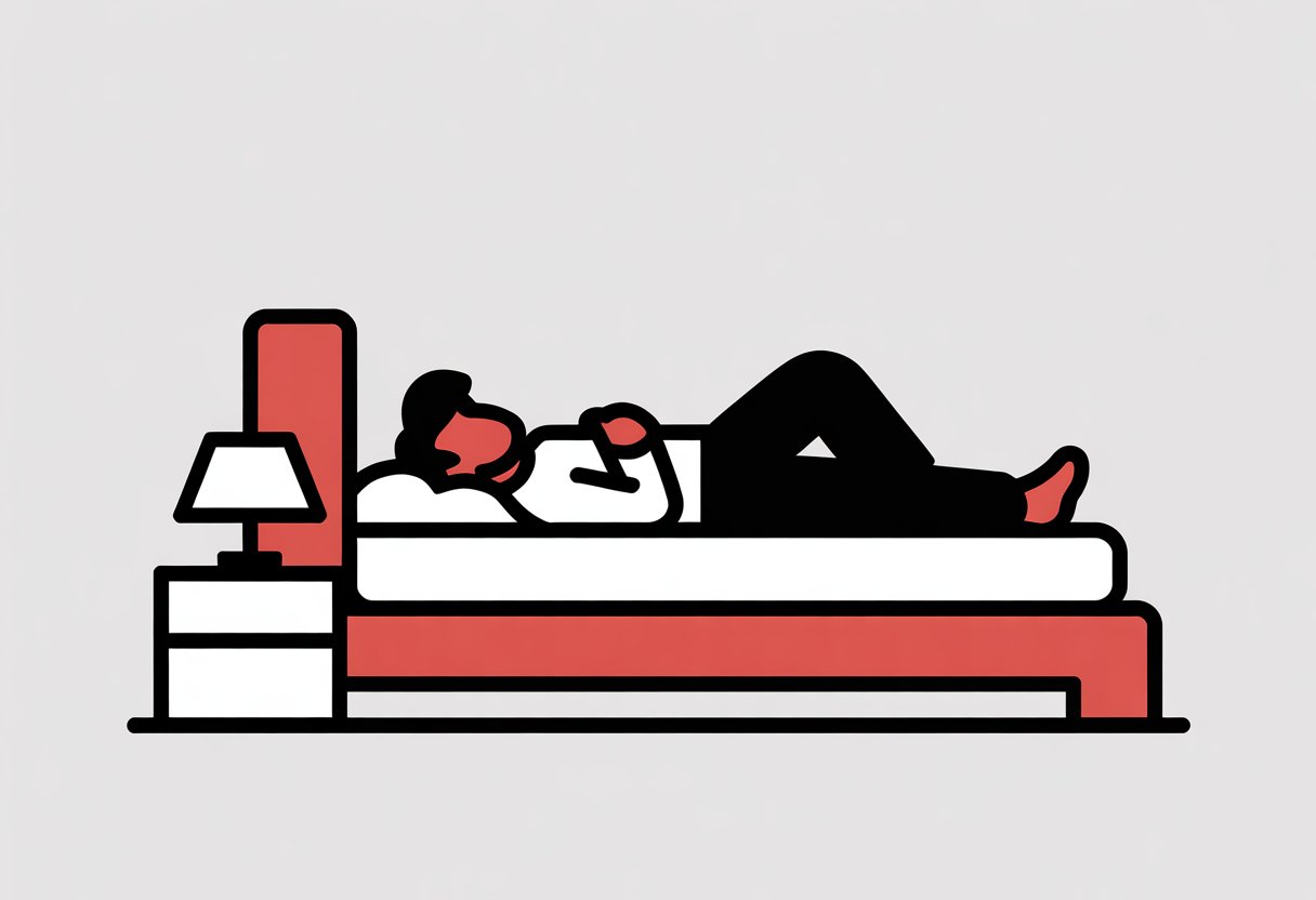 A person lying calmly on a mattress in a simple bedroom with a bed frame and bedside table.