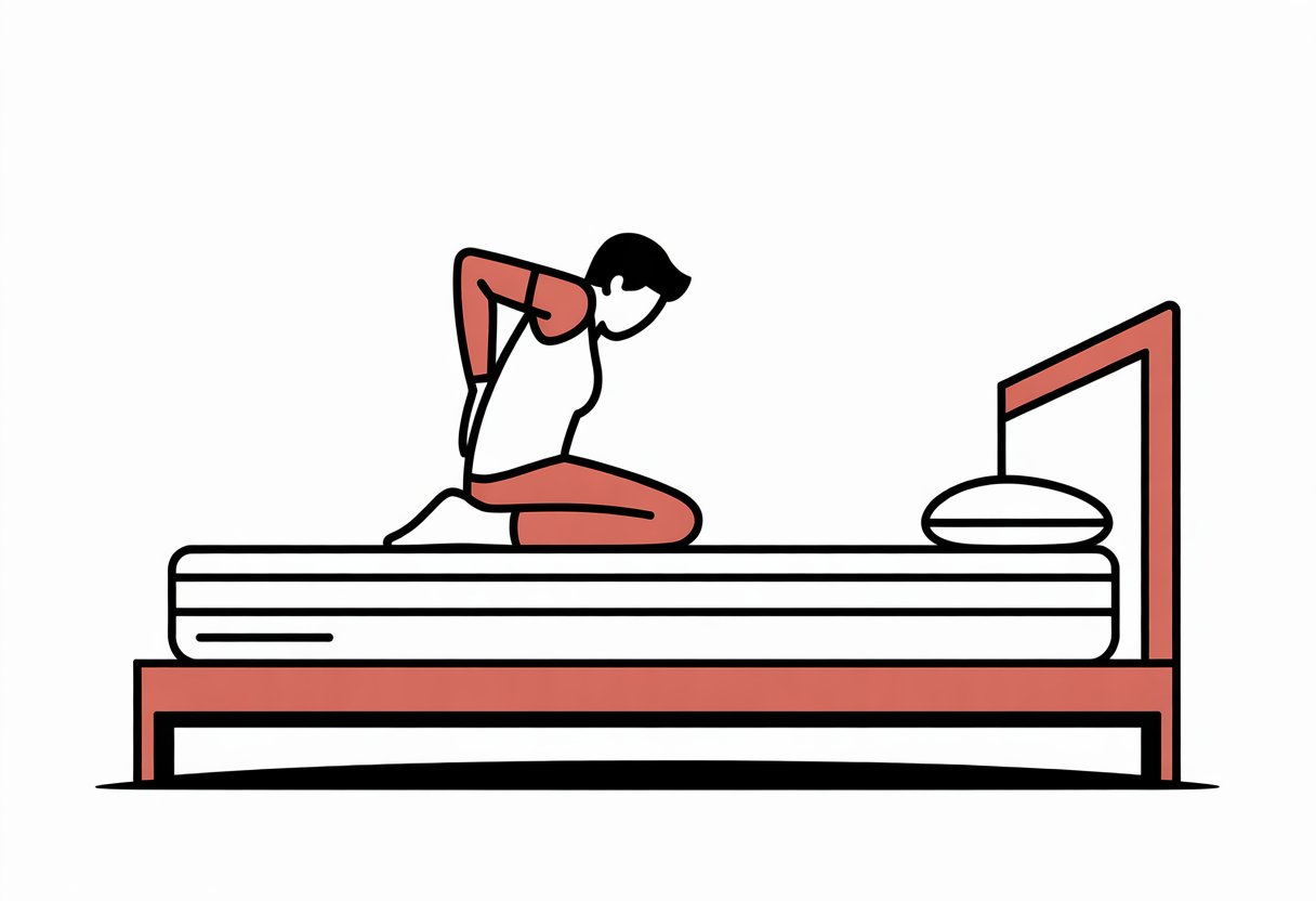 A person gently stretching their back on a simple bed with a mattress in a clean bedroom.