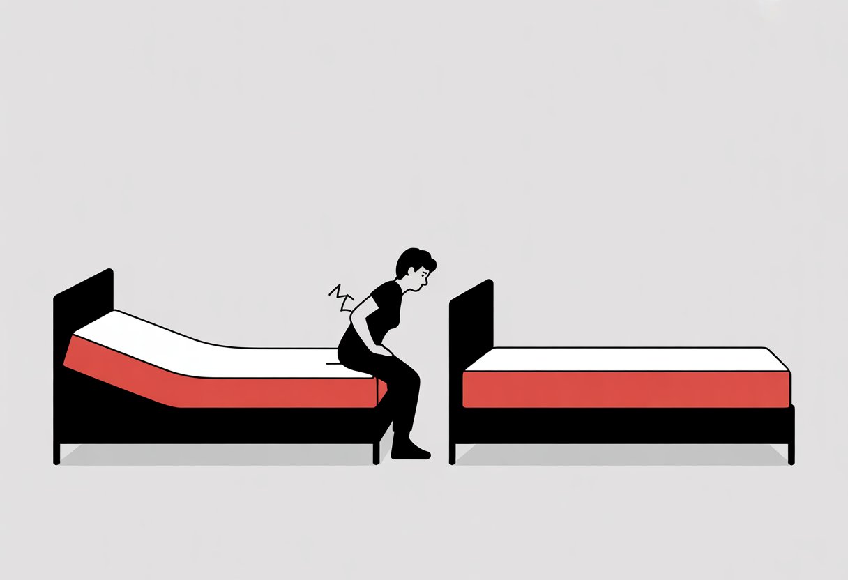 A person sitting on the edge of a mattress holding their lower back, with two different mattresses shown side by side on simple bed frames.