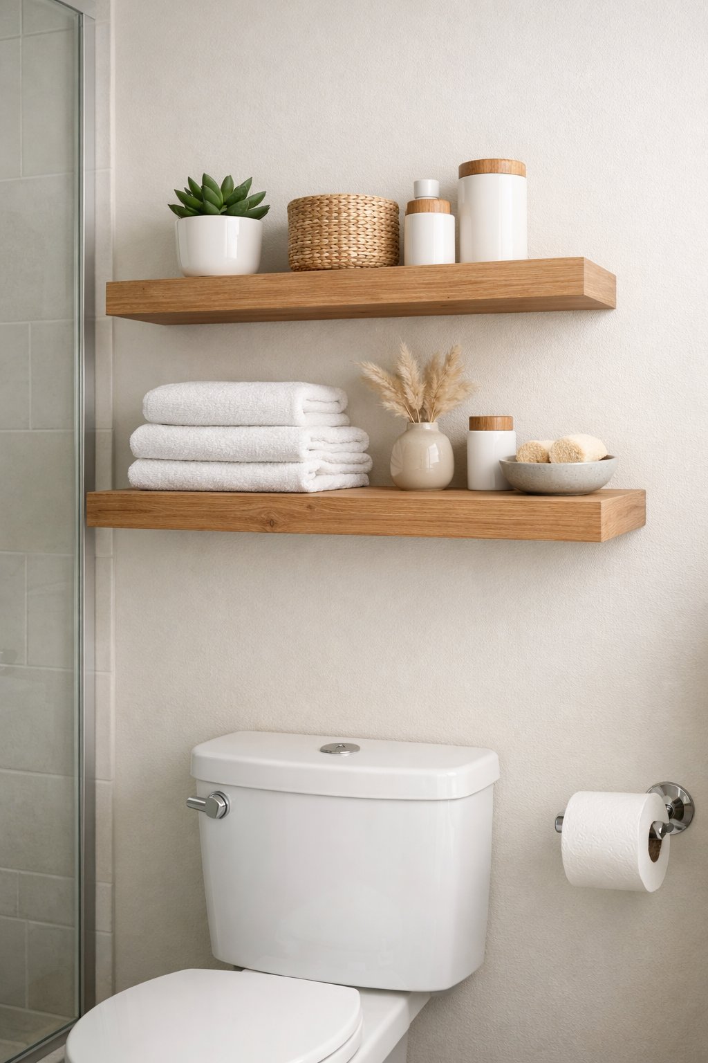 Above the-Toilet Decor & Storage Ideas: 7 Smart Solutions for Small Bathrooms 2 A bathroom with floating wooden shelves above a toilet holding plants, towels, and containers.