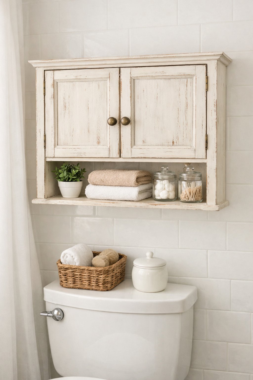 Above the-Toilet Decor & Storage Ideas: 7 Smart Solutions for Small Bathrooms 3 A wall cabinet with vintage knobs mounted above a toilet in a bathroom with decorative items and natural lighting.