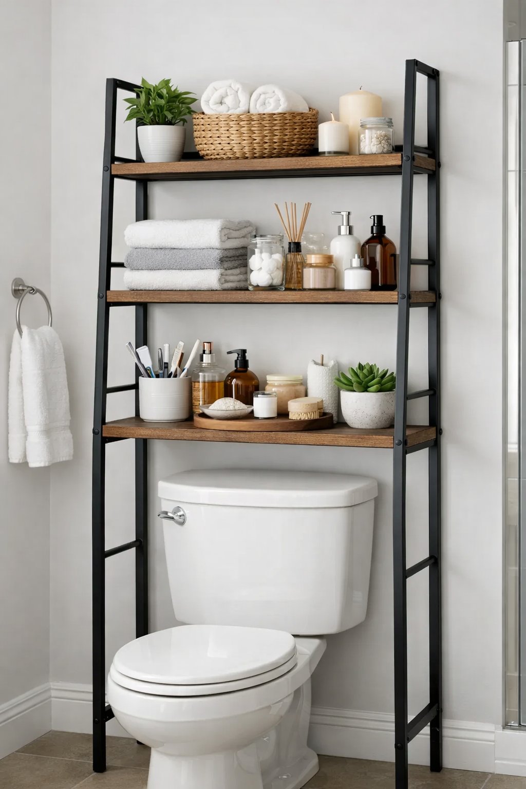 Above the-Toilet Decor & Storage Ideas: 7 Smart Solutions for Small Bathrooms 4 A metal ladder shelf above a toilet holding towels, plants, and bathroom items in a clean bathroom.