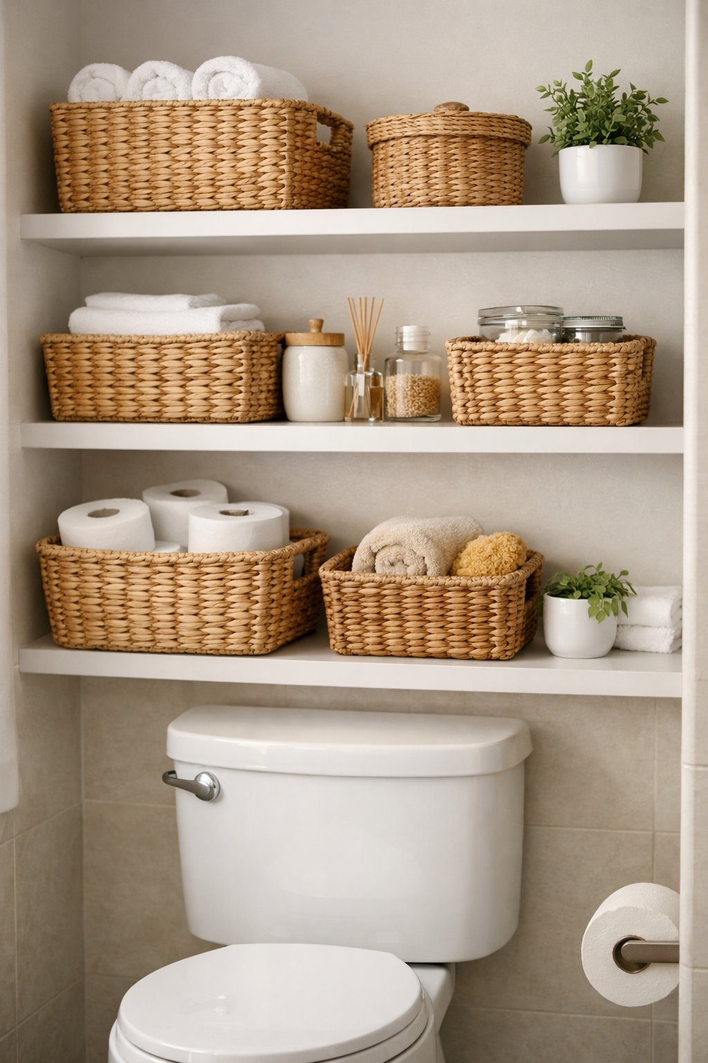 Above the-Toilet Decor & Storage Ideas: 7 Smart Solutions for Small Bathrooms 5 Open shelving above a toilet with wicker baskets used for storage in a bathroom.