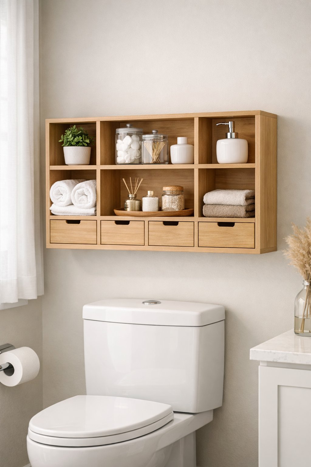Above the-Toilet Decor & Storage Ideas: 7 Smart Solutions for Small Bathrooms 6 Bathroom with a wall-mounted cubby organizer with drawers above the toilet, holding plants, towels, and bathroom accessories.