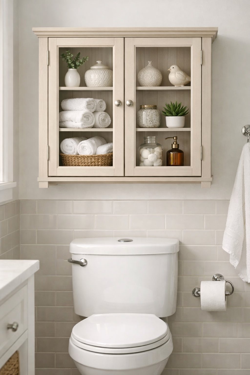 Above the-Toilet Decor & Storage Ideas: 7 Smart Solutions for Small Bathrooms 7 Bathroom with a glass-front hutch above the toilet holding decorative items and towels.
