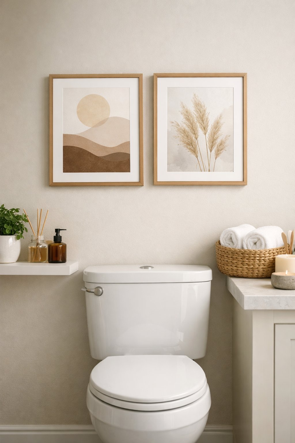 Above the-Toilet Decor & Storage Ideas: 7 Smart Solutions for Small Bathrooms 8 A bathroom with a white toilet and framed artwork displayed on the wall above it.