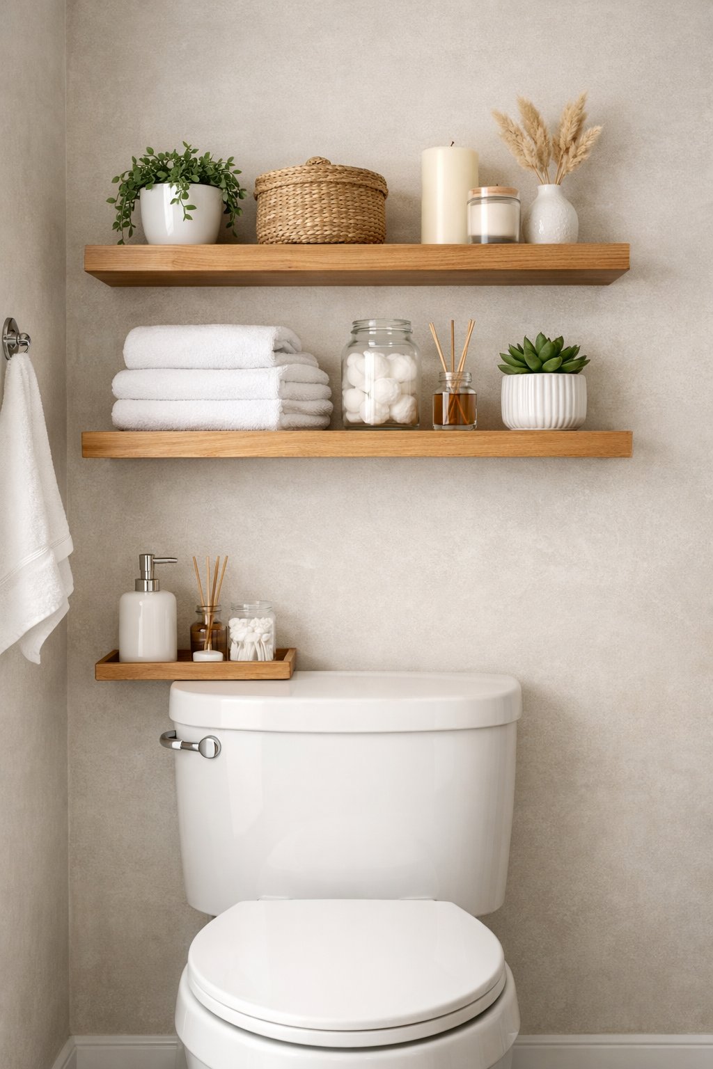 Above the-Toilet Decor & Storage Ideas: 7 Smart Solutions for Small Bathrooms 9 A bathroom showing shelves with plants, candles, and towels above a white toilet.