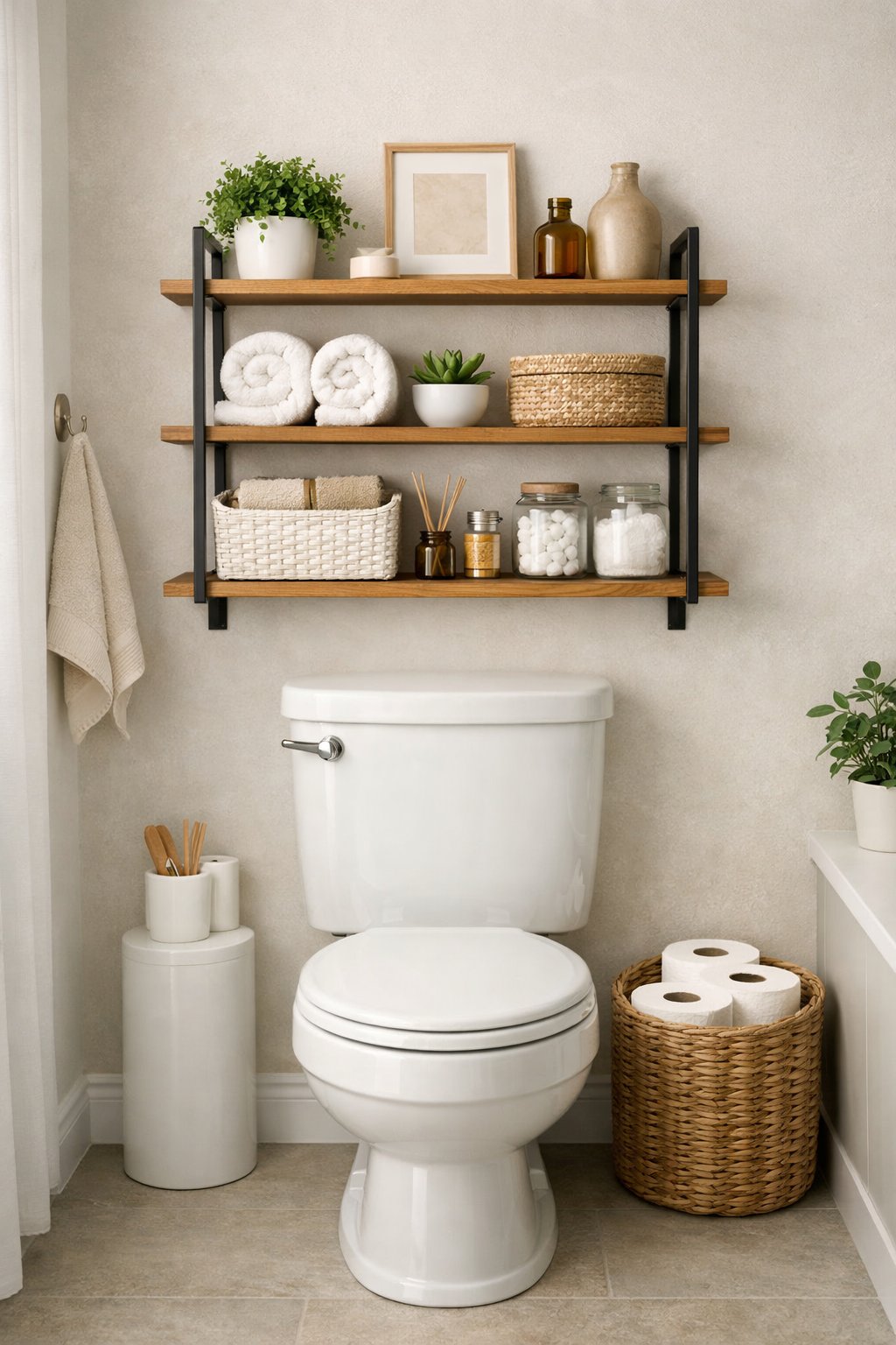 Above the-Toilet Decor & Storage Ideas: 7 Smart Solutions for Small Bathrooms 10 A bathroom with a toilet and organized shelves above it holding plants, towels, and storage baskets.