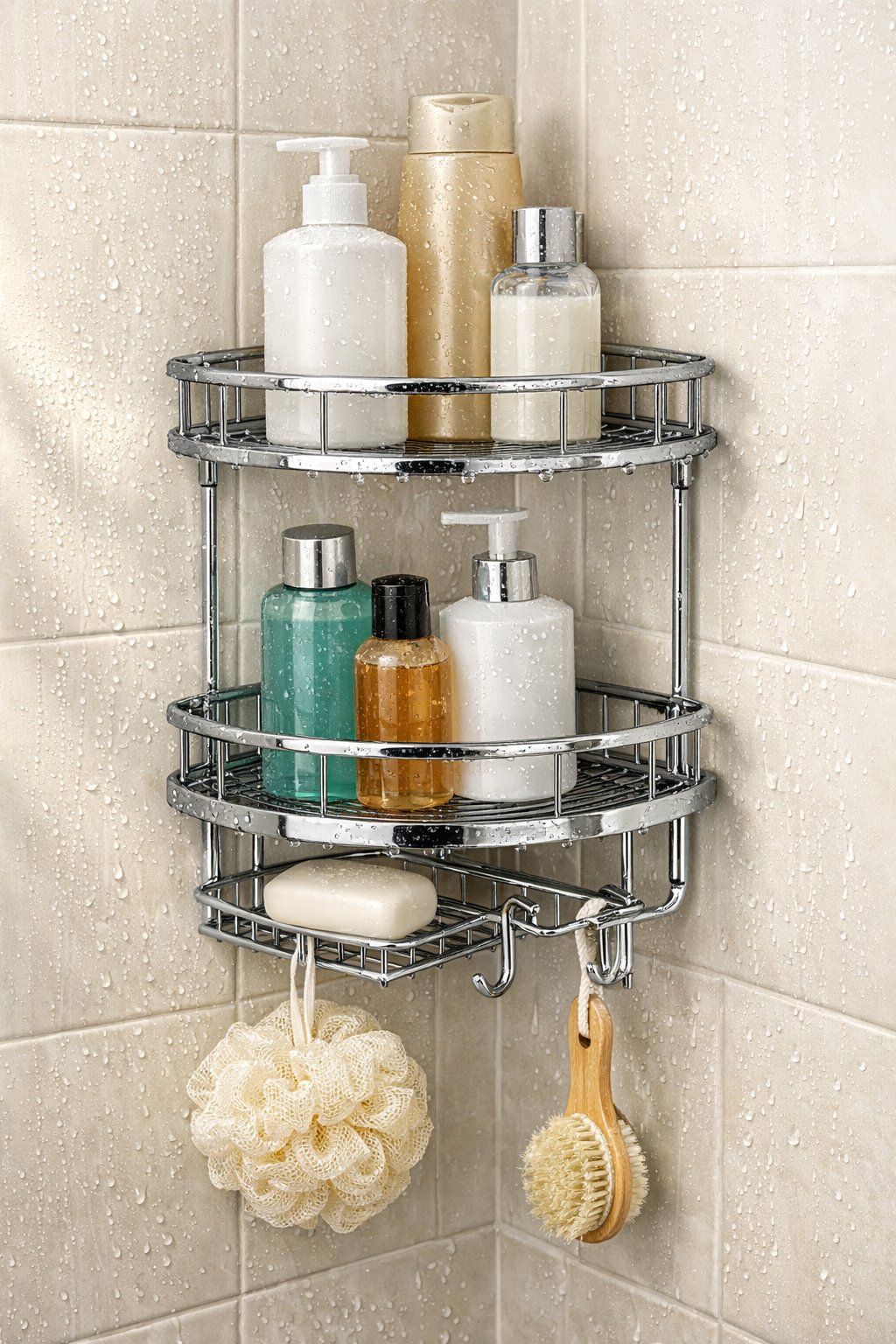 Shower Caddy Corner Shelf Organizer: Top 7 Space-Saving Picks 2 A corner shower caddy shelf organizer holding shampoo bottles, conditioner, body wash, and a loofah in a clean tiled shower.