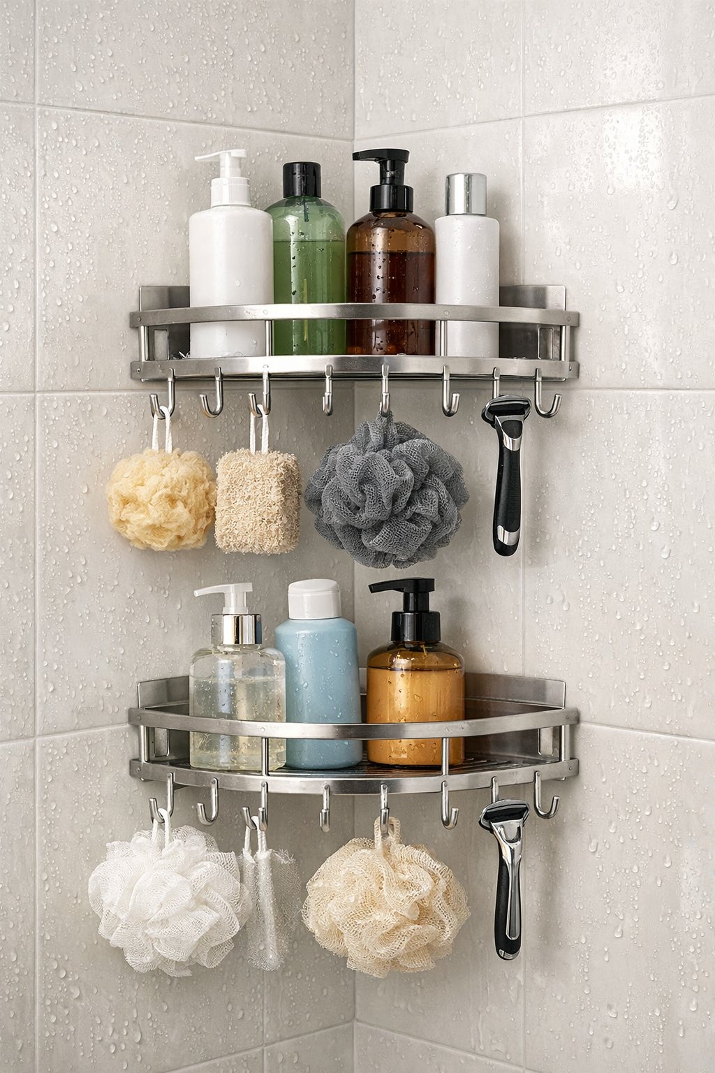 Shower Caddy Corner Shelf Organizer: Top 7 Space-Saving Picks 3 A corner shower with two stainless steel corner caddies holding shampoo, body wash, loofahs, and razors in an organized bathroom setting.