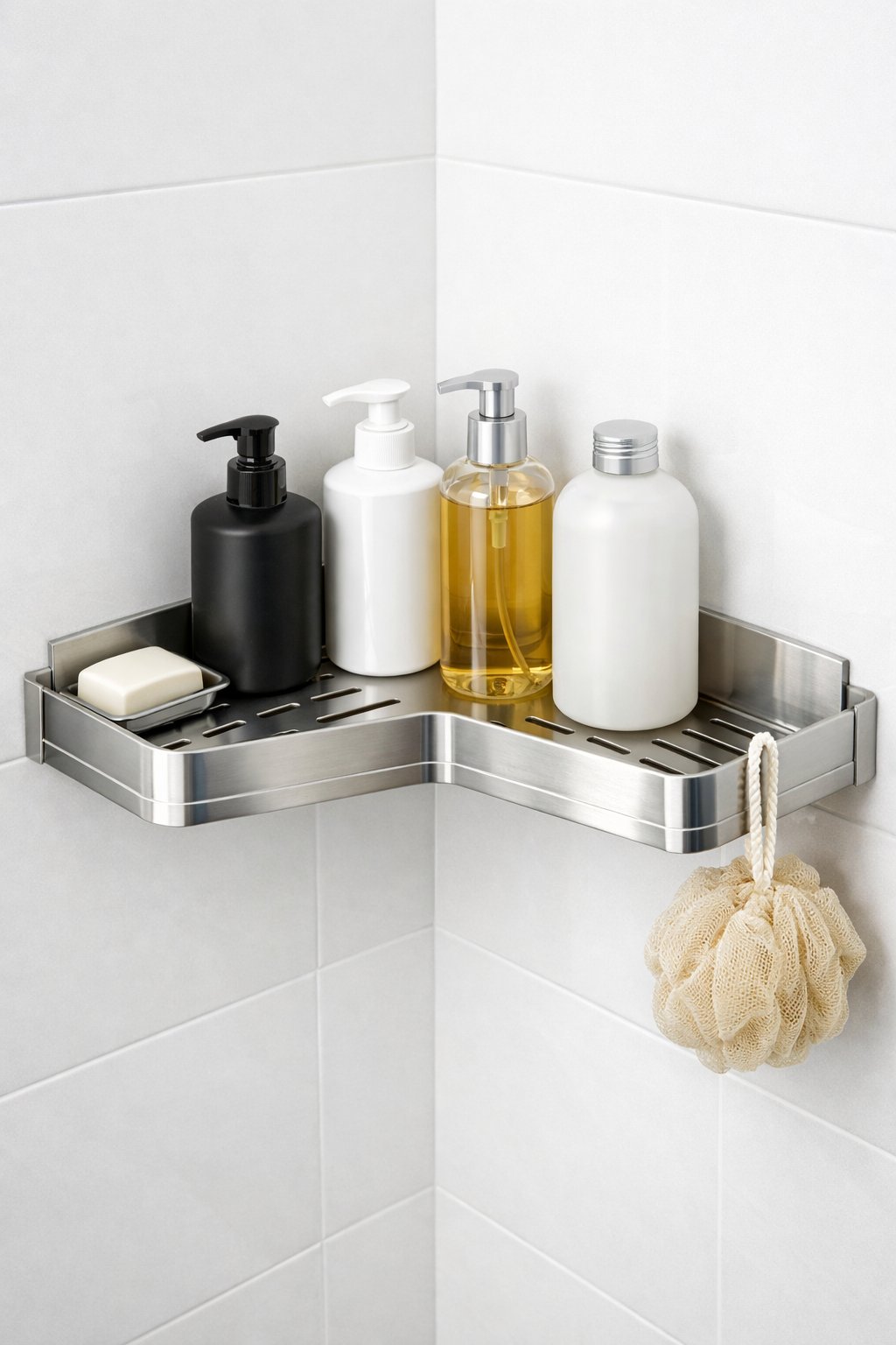 Shower Caddy Corner Shelf Organizer: Top 7 Space-Saving Picks 4 A stainless steel L-shaped corner shelf mounted in a shower holding shampoo bottles and shower accessories.