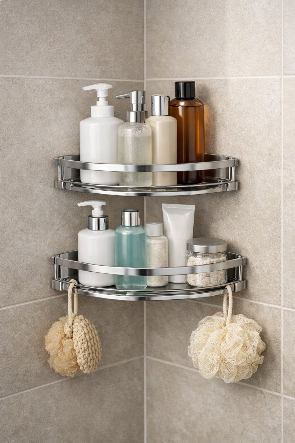 Shower Caddy Corner Shelf Organizer: Top 7 Space-Saving Picks 5 A stainless steel two-shelf shower organizer installed in a bathroom corner holding shampoo bottles and bath items.