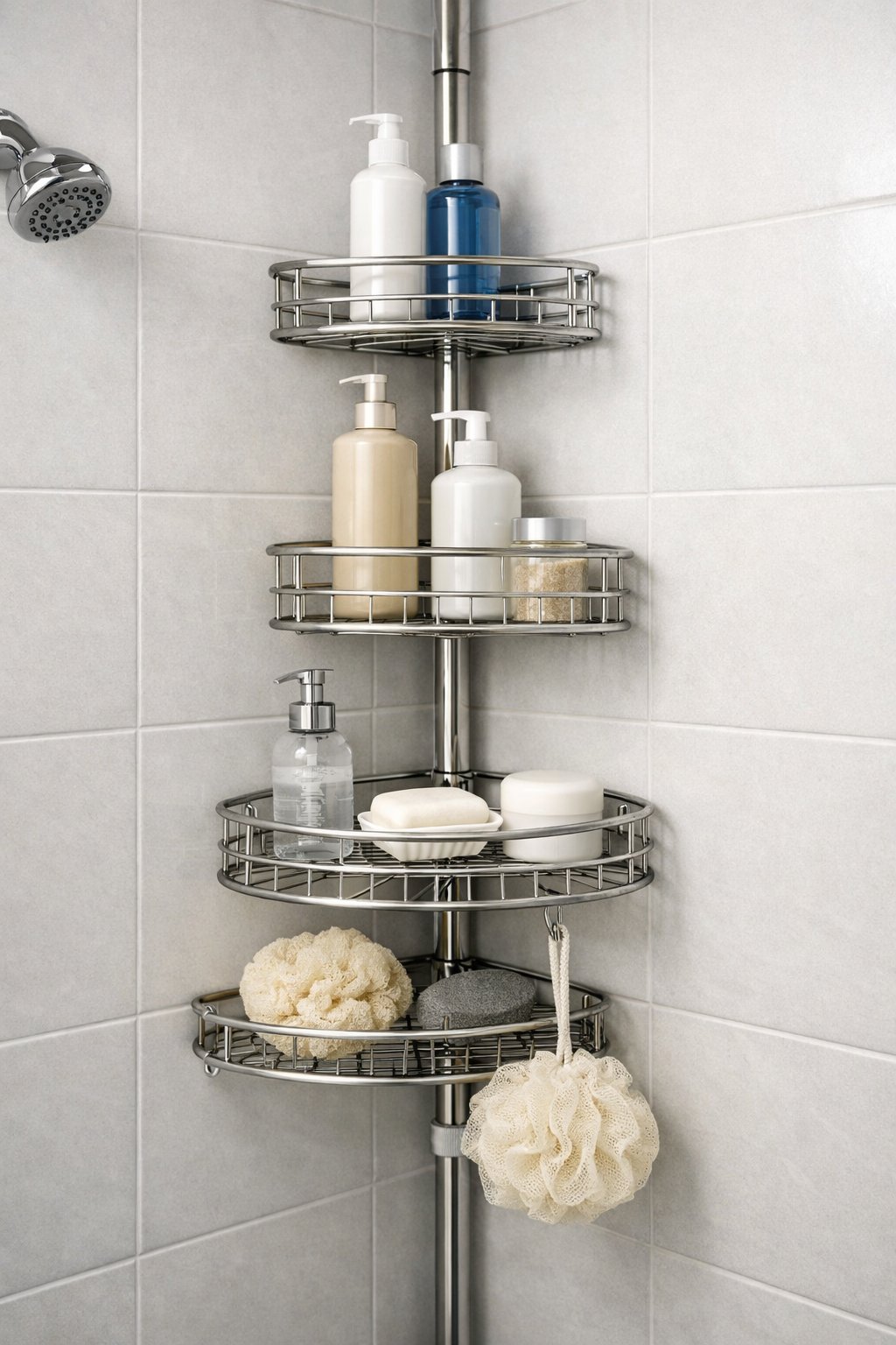 Shower Caddy Corner Shelf Organizer: Top 7 Space-Saving Picks 6 Stainless steel corner shower caddy with multiple shelves holding bathroom items in a tiled shower corner.