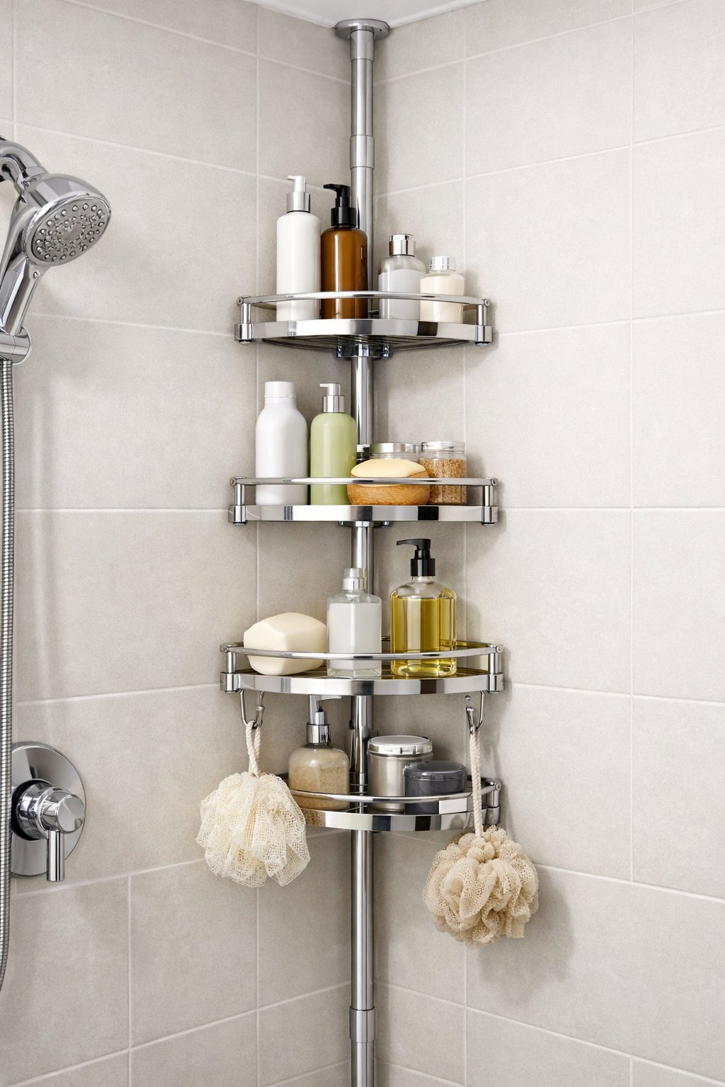 Shower Caddy Corner Shelf Organizer: Top 7 Space-Saving Picks 7 A corner shower with a tension pole shower caddy holding shampoo bottles, soap, and a loofah.