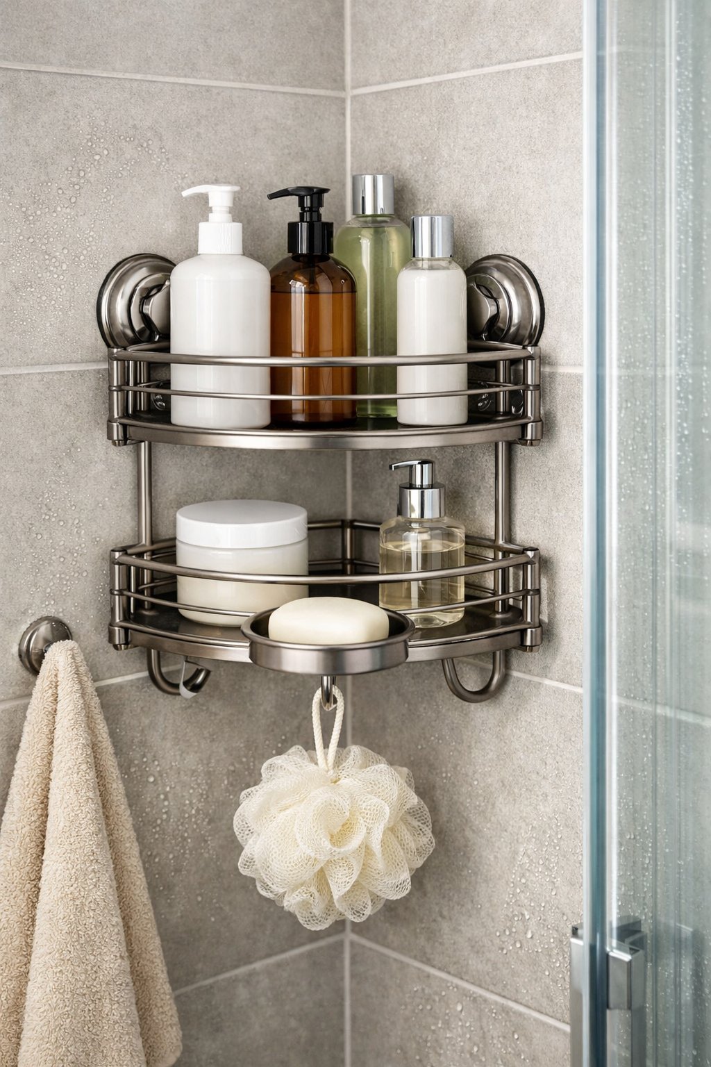 Shower Caddy Corner Shelf Organizer: Top 7 Space-Saving Picks 8 A corner shower organizer with multiple shelves holding bath items mounted on tiled shower walls.