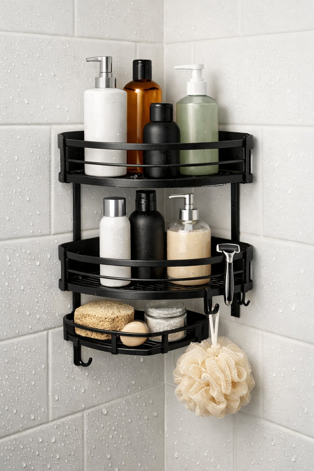 Shower Caddy Corner Shelf Organizer: Top 7 Space-Saving Picks 9 A black corner shower caddy mounted in a bathroom shower holding bottles and a loofah.
