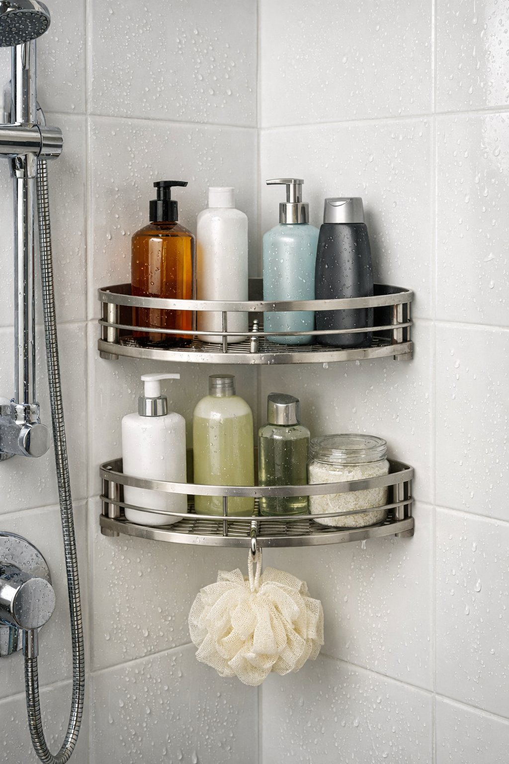 Shower Caddy Corner Shelf Organizer: Top 7 Space-Saving Picks 10 A bathroom shower corner with a stainless steel shower caddy corner shelf organizer holding shampoo, conditioner, body wash, and a loofah.