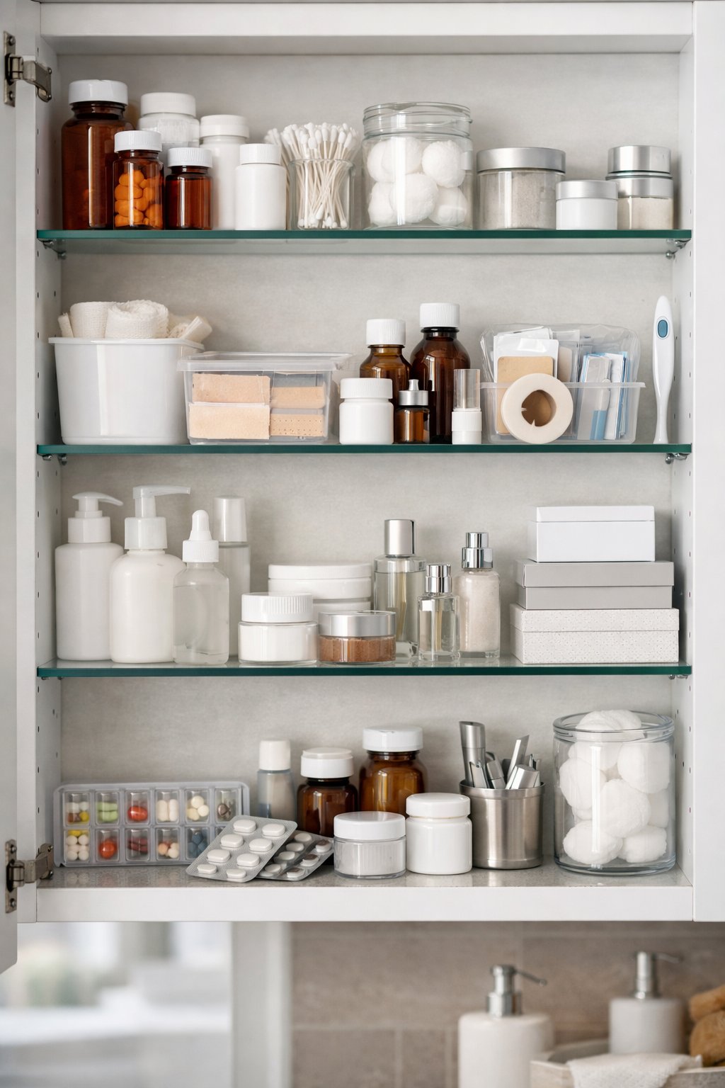 A neatly organized medicine cabinet with clear shelves holding pill bottles, first aid supplies, and skincare products in a modern bathroom.