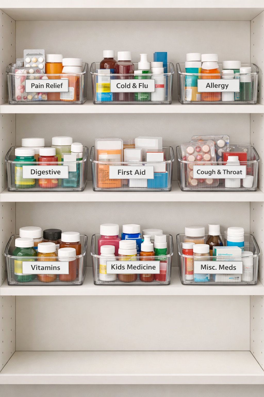 A neatly organized medicine cabinet with clear bins sorting different types of medications.