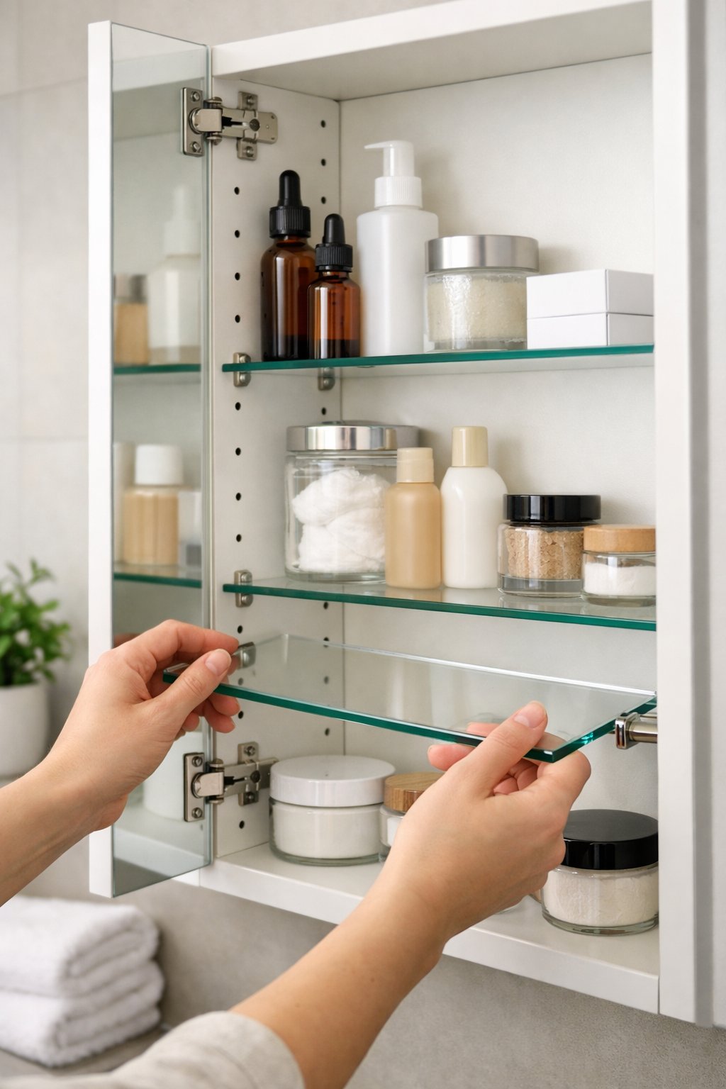 Open medicine cabinet with adjustable glass shelves and organized toiletries inside in a bathroom.