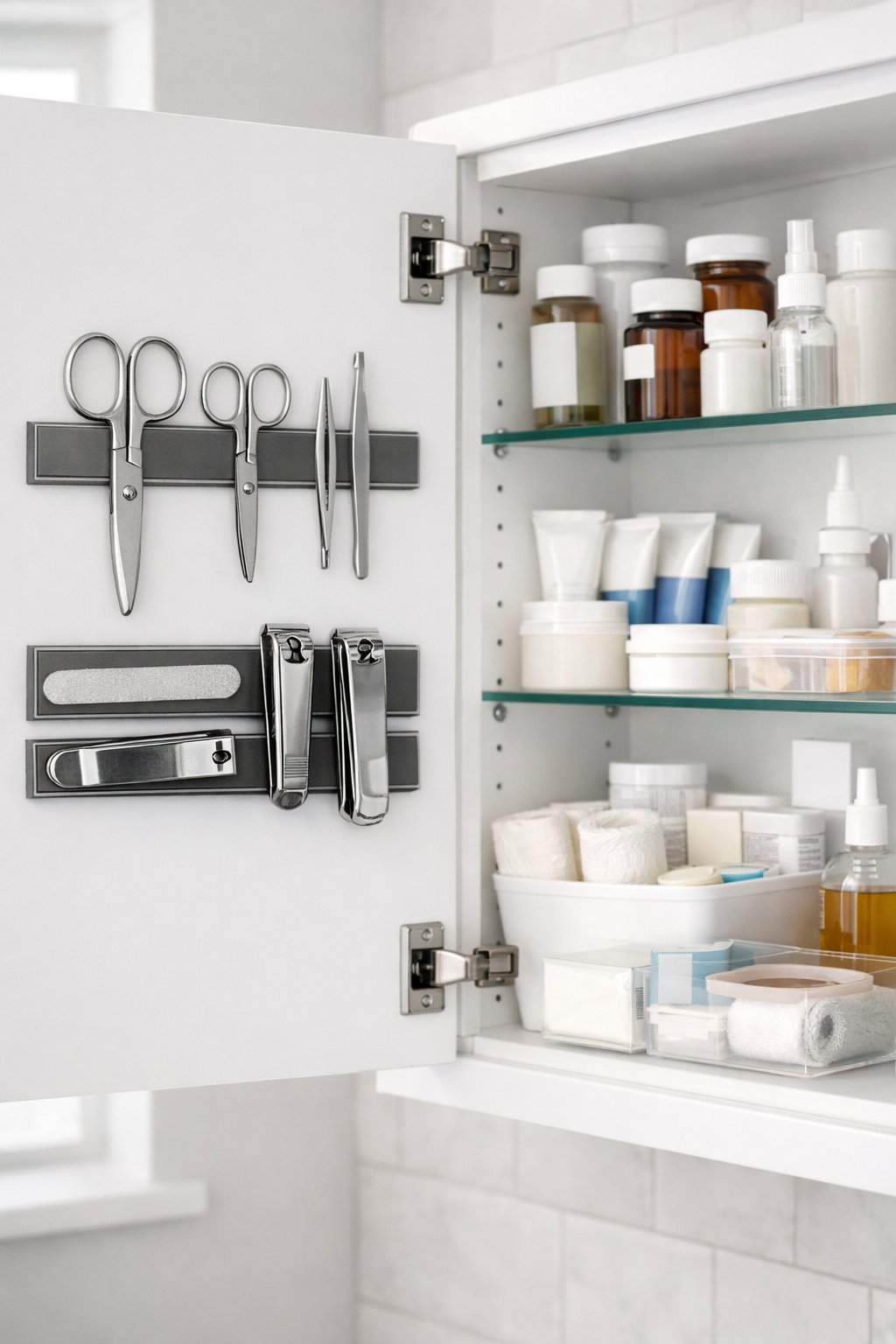 Open medicine cabinet showing small metal items attached to magnetic strips on the inside of the door and organized medicine bottles on shelves.