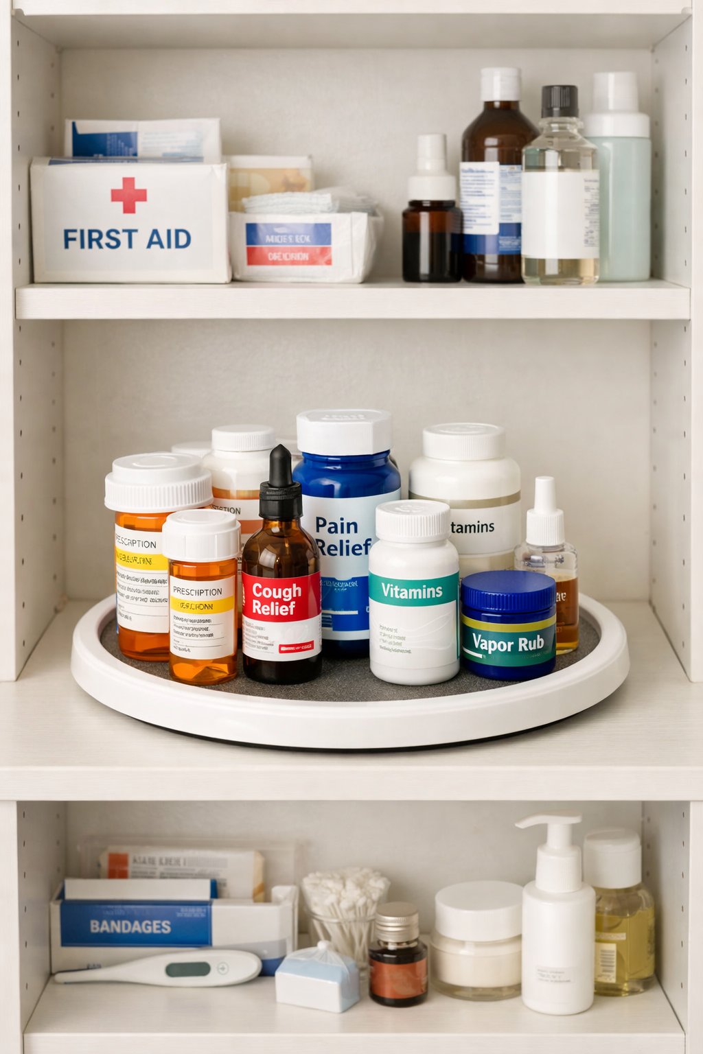 An open medicine cabinet with a rotating lazy Susan holding various bottles and supplies neatly arranged inside.
