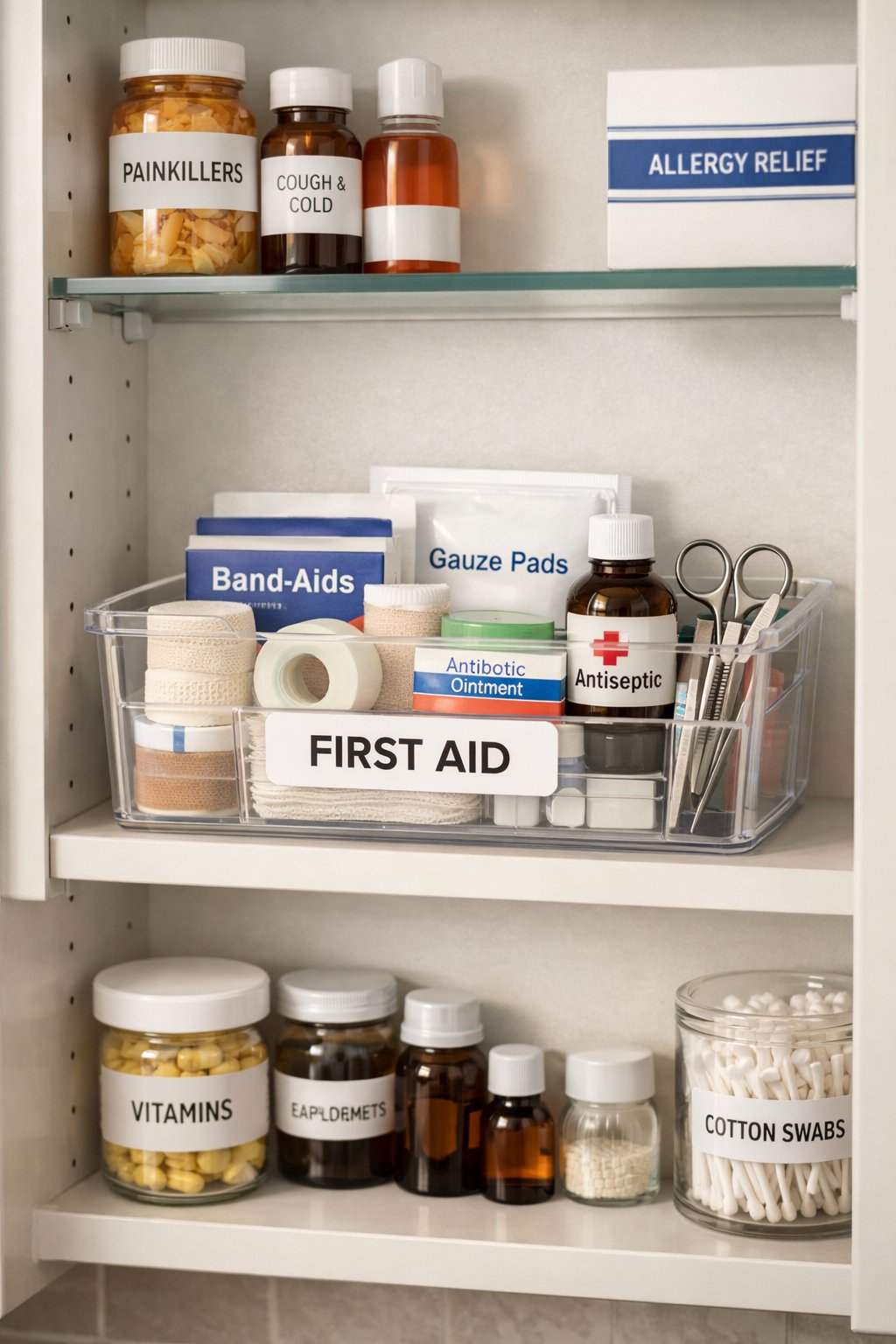 A neatly organized medicine cabinet with a dedicated container holding first aid supplies on an easily reachable shelf.
