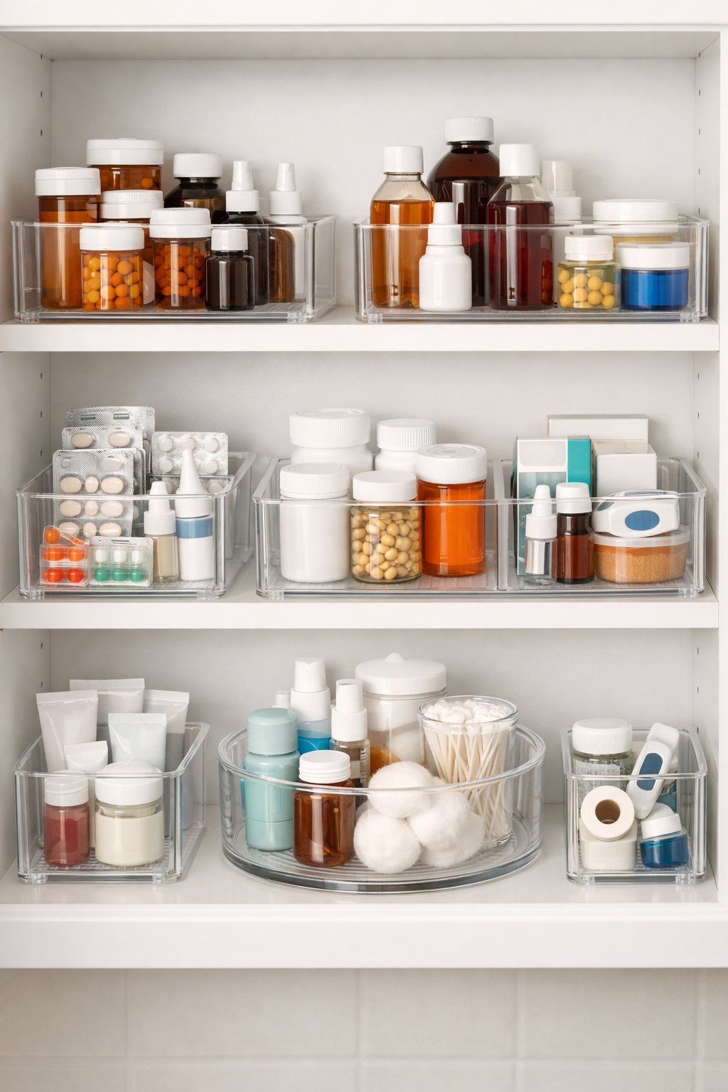 A neatly organized medicine cabinet with clear acrylic organizers holding various medicine bottles and containers.