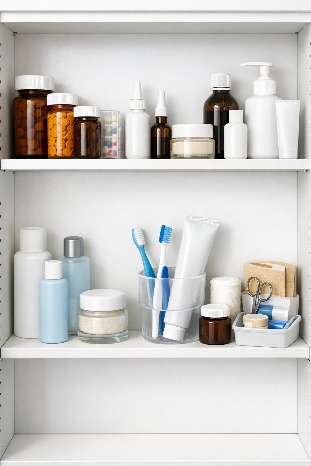 A neatly organized medicine cabinet with daily-use health and personal care items placed at eye level for easy access.