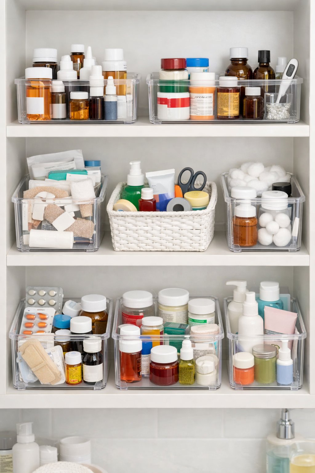 A neatly organized medicine cabinet with various medicine bottles and supplies arranged in clear storage containers inside a bathroom.