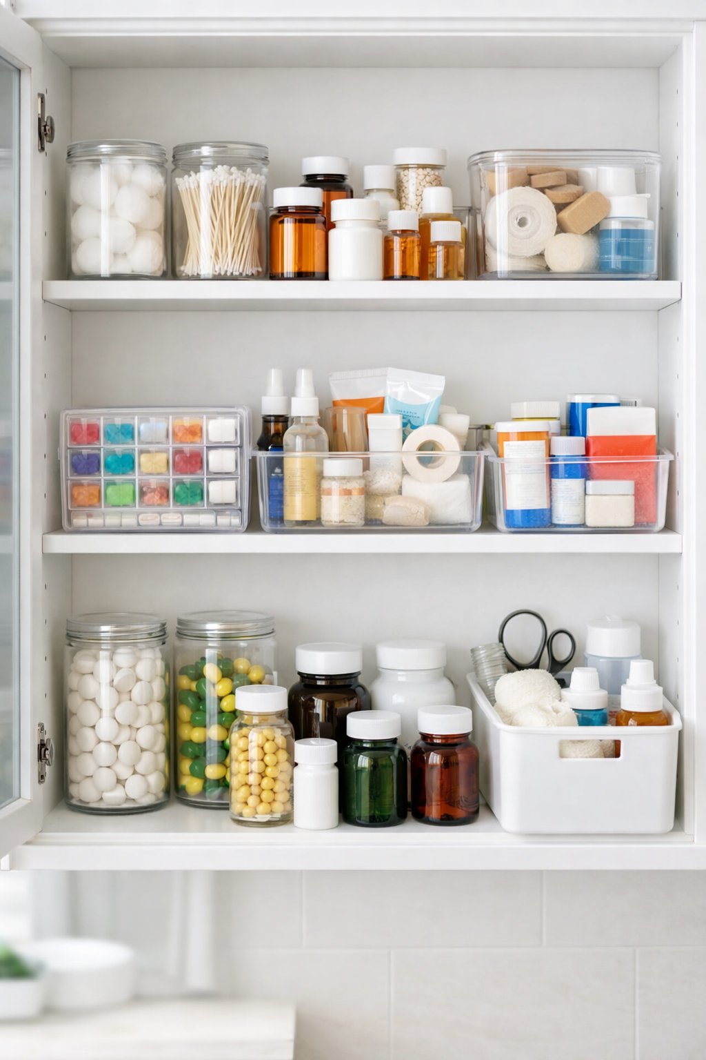 An open medicine cabinet with neatly arranged containers, bottles, and pill organizers on clean white shelves.