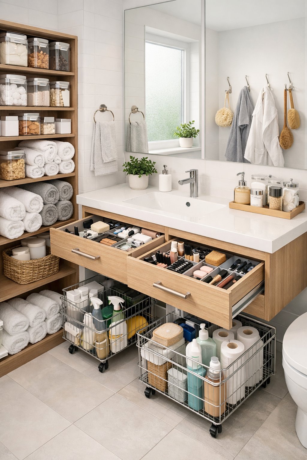 Bathroom Storage Hacks: 7 Smart Ways To Maximize Space 2 A modern bathroom with organized shelves, rolled towels, hooks with bathrobes, and neatly arranged storage containers.