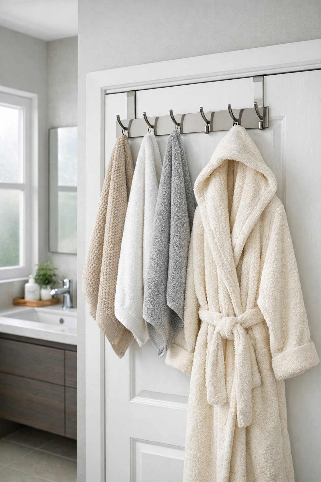 Bathroom Storage Hacks: 7 Smart Ways To Maximize Space 3 A bathroom door with over-the-door hooks holding towels and a bathrobe in a clean, organized bathroom.