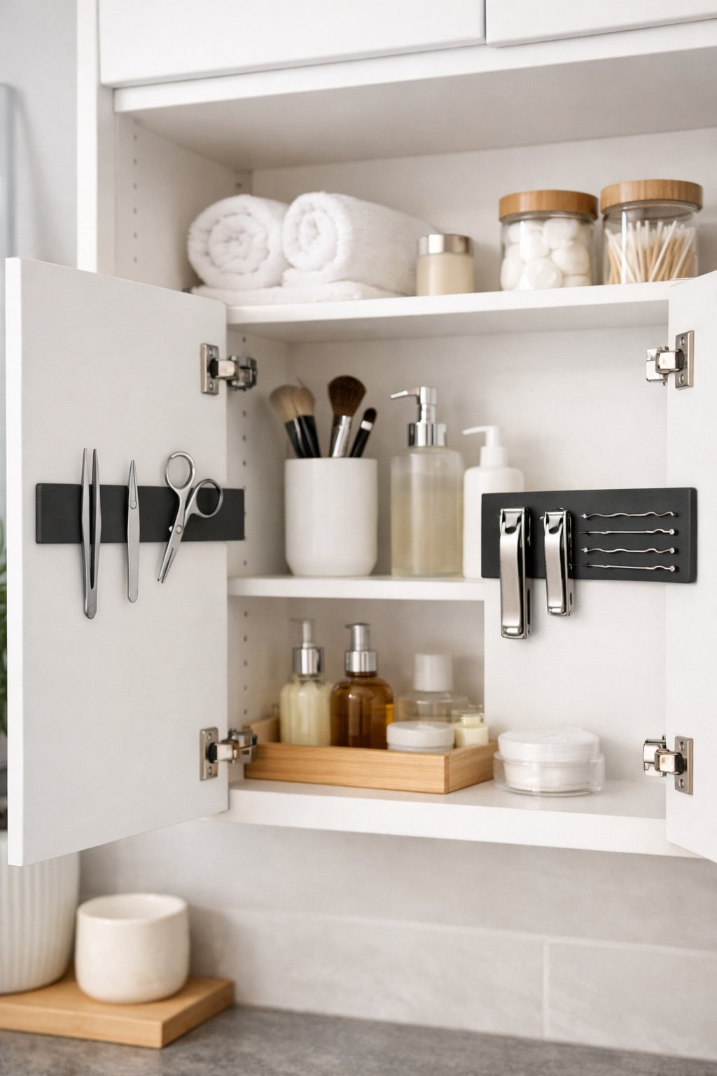 Bathroom Storage Hacks: 7 Smart Ways To Maximize Space 4 Inside of a bathroom cabinet door with magnetic strips holding small metal grooming tools.